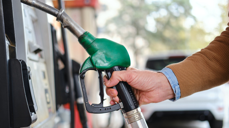 Person's hand holding a gas nozzle