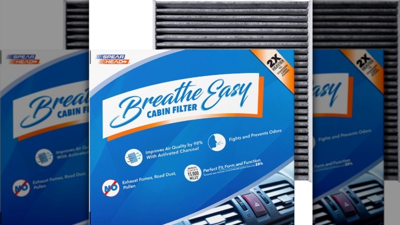 Spearhead Odor Defense Breathe Easy air filter with packaging on a white background.