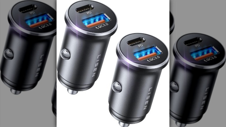 Two Lisen USB car chargers on a white background.