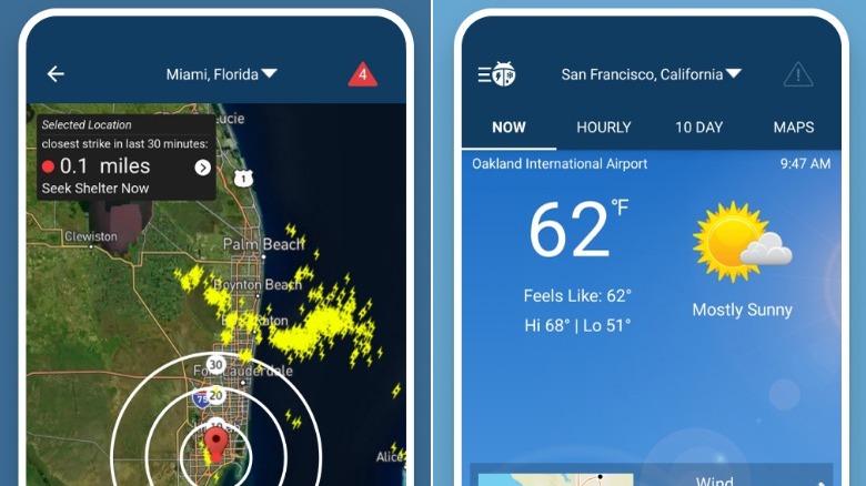 Weather Bug lightning strike and weather app screenshots