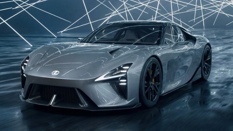 Rendering of a silver Lexus LFA concept in motion.