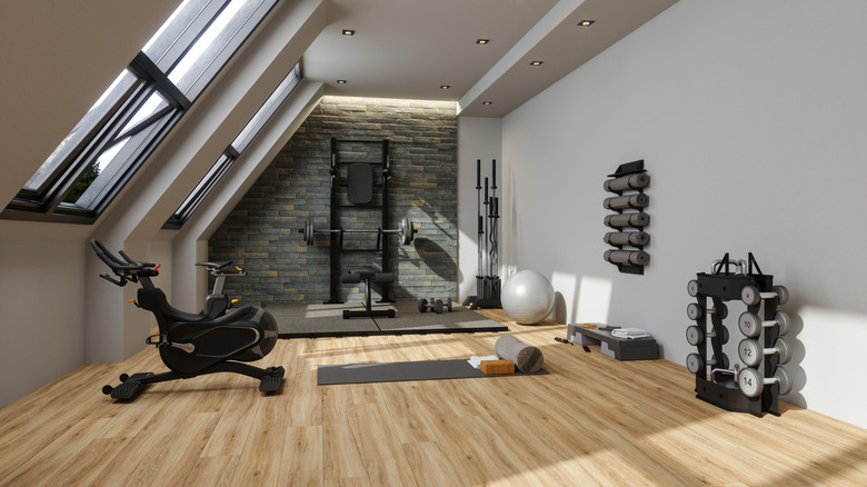A home gym with weights, a bike, and mats