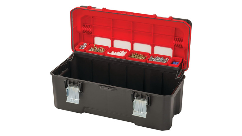 An open toolbox with smaller boxes near the lid