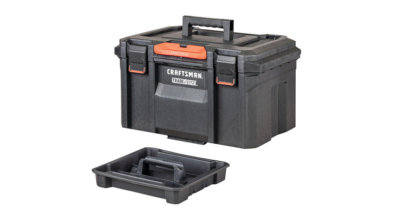 A closed black toolbox with a tray outside, labeled Craftsman