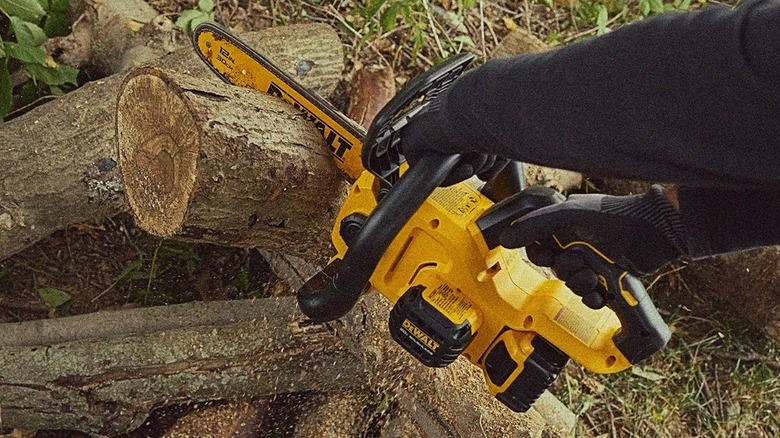 cutting tree branches with chainsaw