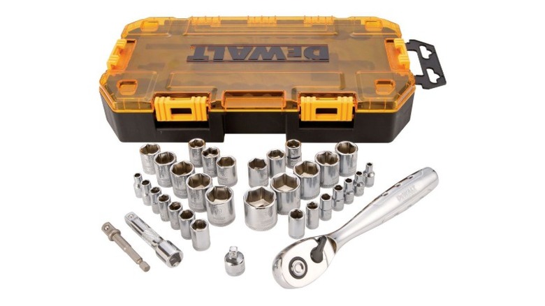 A DeWalt 1/4 inch and 3/8 inch drive ratchet & socket set against a white background