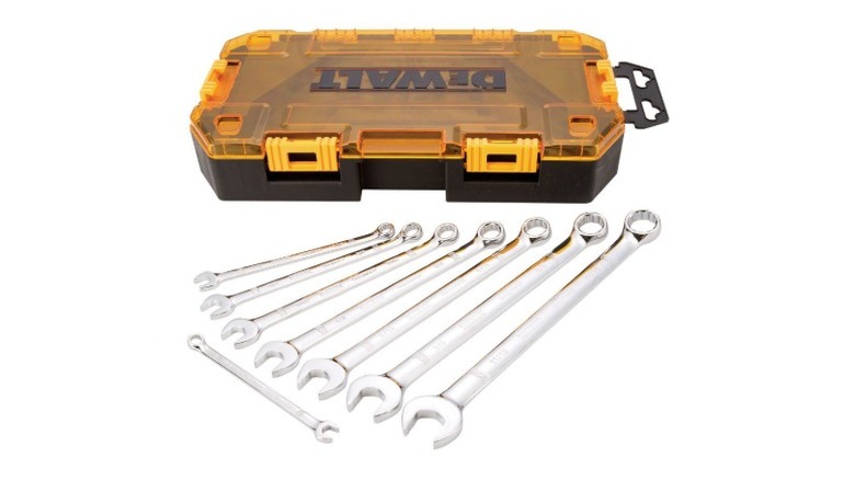 A DeWalt SAE combination wrench set on a white background