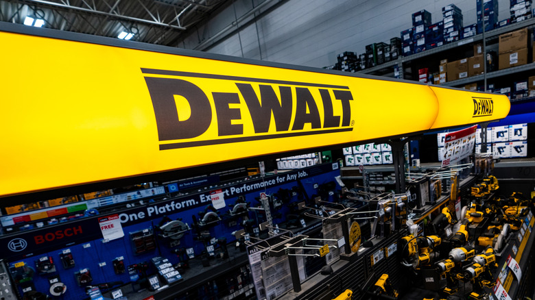A shelf of DeWalt products at Lowe's