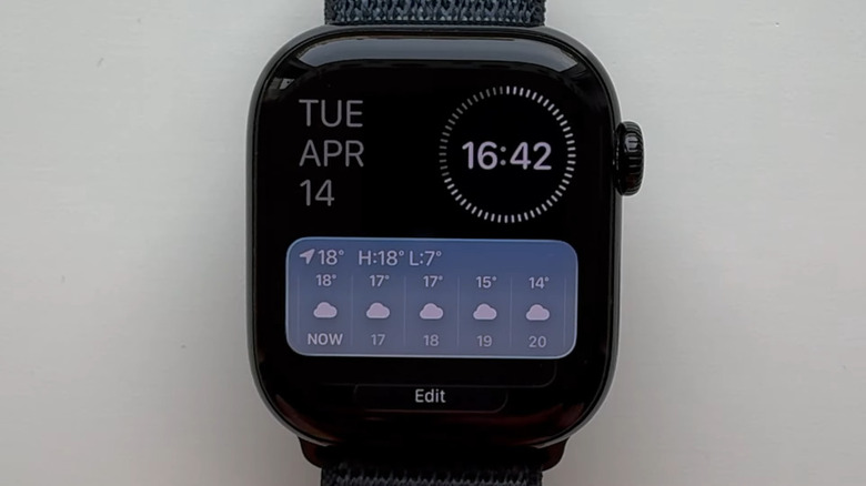 An Apple Watch with the weather showing in the smart stack