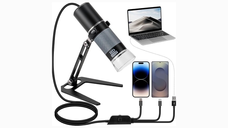 digital microscope with two phones and a laptop