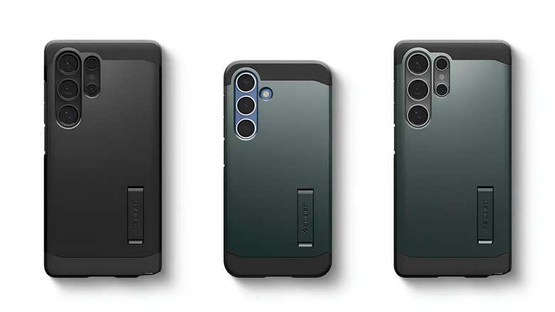 An assortment of phone cases on three different phones