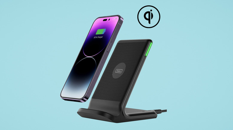 Smartphone charging stand on a blue background