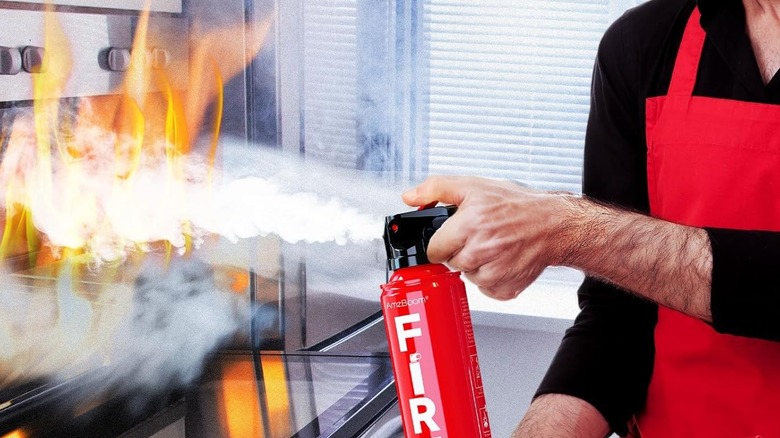 A person extinguishing a fire on a stove with a fire extinguisher.