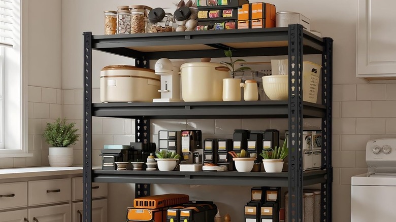 A shelving unit in a kitchen.
