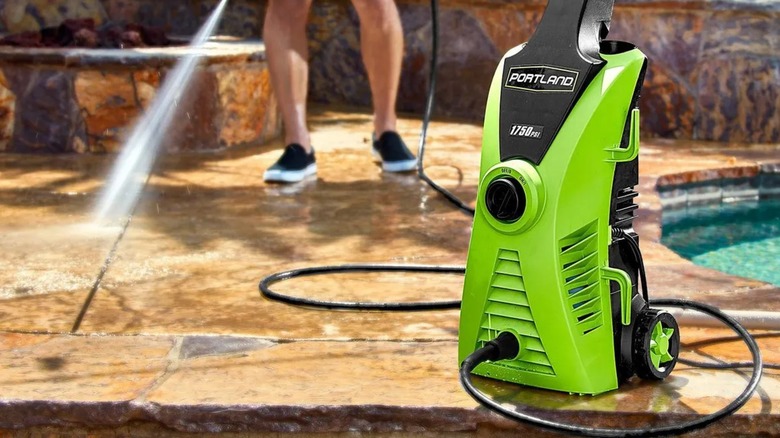Portland pressure washer on pool deck