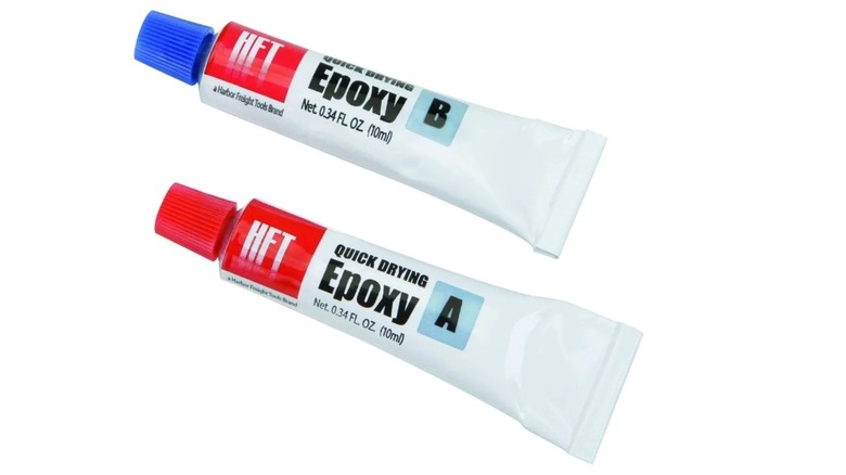 Stock image of two tubes of epoxy resin labeled A and B