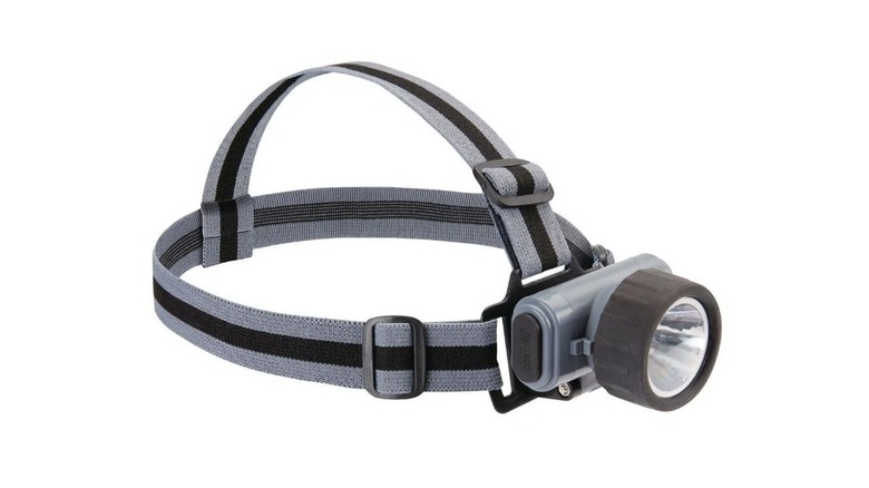 Stock image of a headlamp with black and gray strap