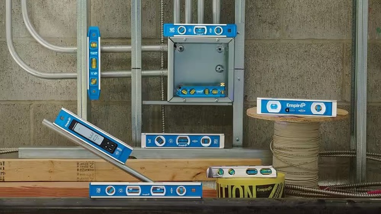 A bunch of levels in a room.