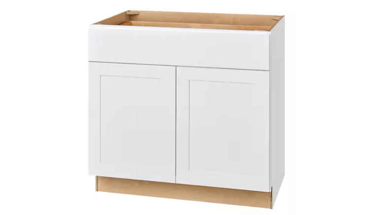 Hampton Bay Avondale Shaker Base Kitchen Cabinet on display in white