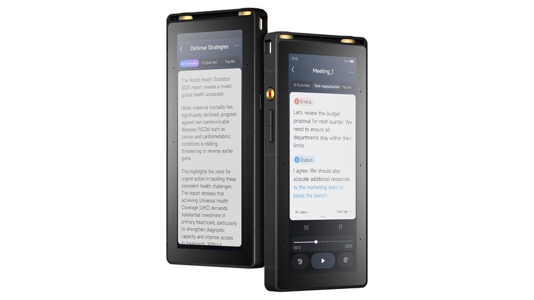 Stock photo of two rectangular black devices with text on the screens
