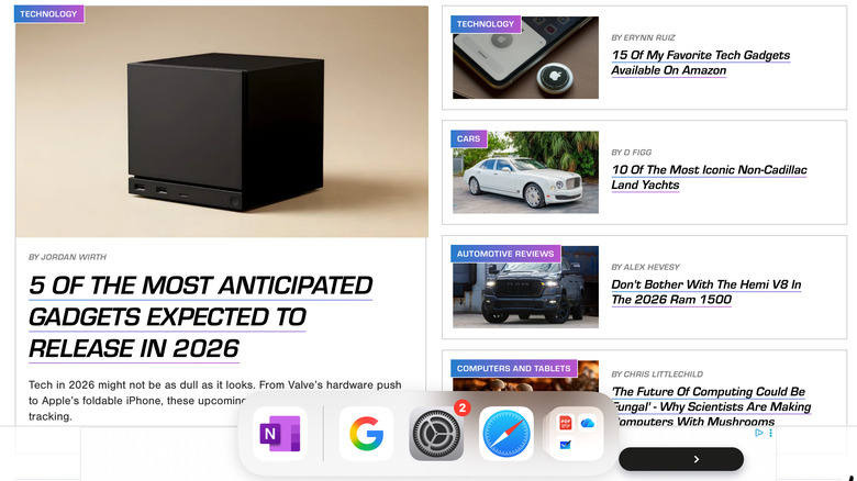 Screenshot of Safari, displaying SlashGear.com, on iPad with app dock visible at the bottom
