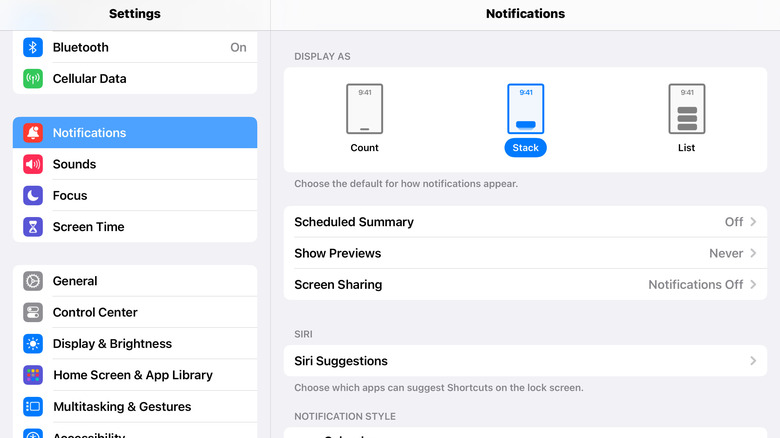 Screenshot of iPad settings for notifications