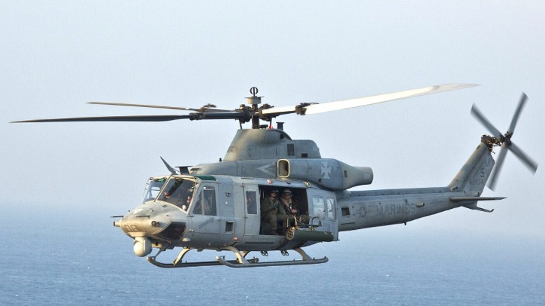 The Bell UH-1Y Venom flying over the sea