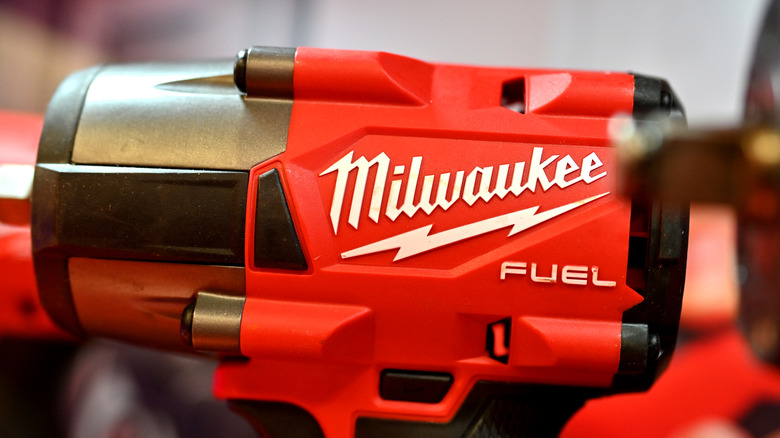 Closeup of a Milwaukee tool logo