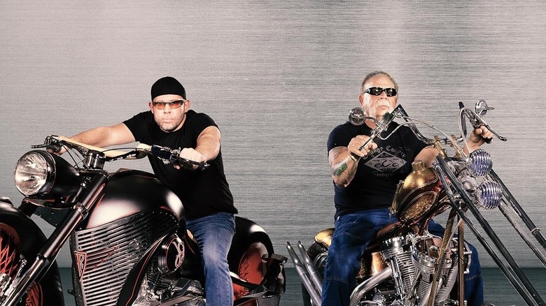 American Chopper promo image featuring two cast members sitting on chopper motorcycles