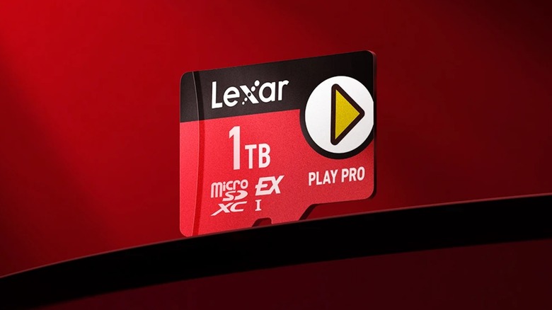 a 1 TB Lexar Play Pro microSD Express card on red background.