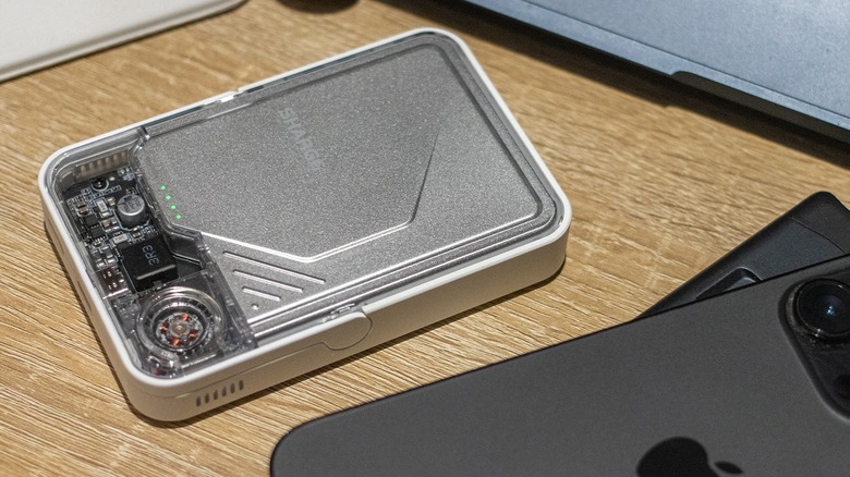 the Sharge Icemag 2 power bank on a desk.
