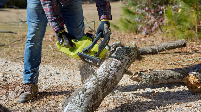 Ryobi 18V One+ HP 10 inch chainsaw cutting a fallen branch