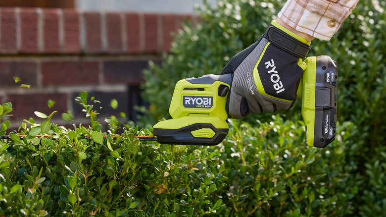 Ryobi 18V One+ HP compact shear/shrubber trimming a hedge