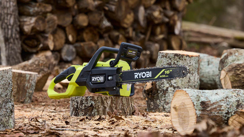 Ryobi 40V HP 16 inch chainsaw on a stump