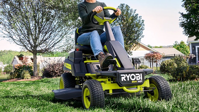 mowing lawn with Ryobi R1 mower