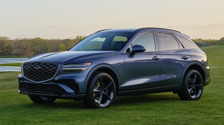 Gray Genesis GV70 parked on grass at sunset.