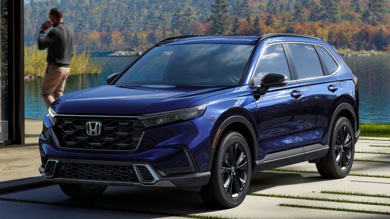 Blue Honda CR-V parked next to a lake with forests in the distance.
