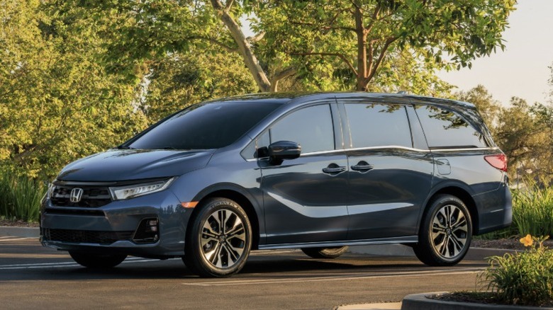 Gray Honda Odyssey in a parking lot surrounded by greenery