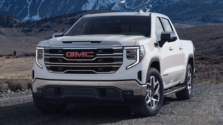 A front end shot of a white 2025 GMC Sierra 1500
