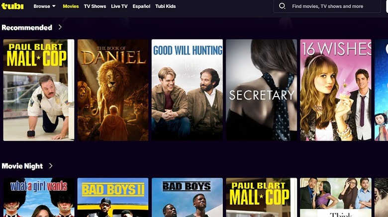 Recommended content and movie night list on Tubi