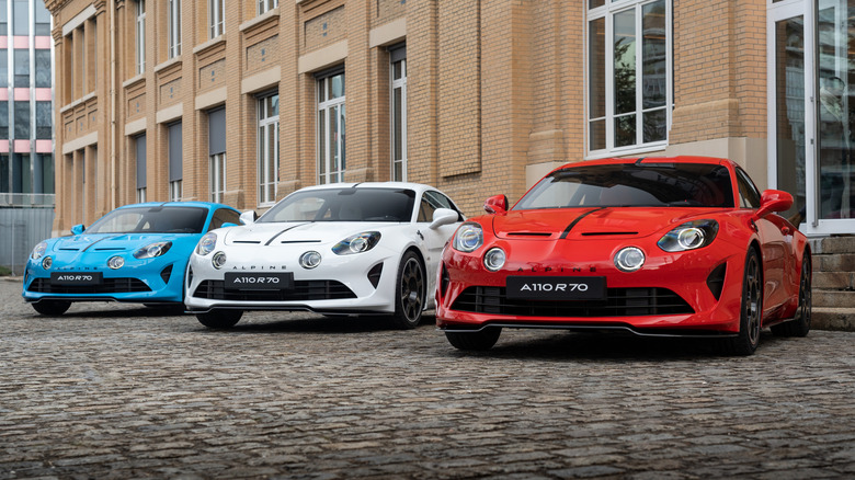 A trio of Alpine A110 sports cars