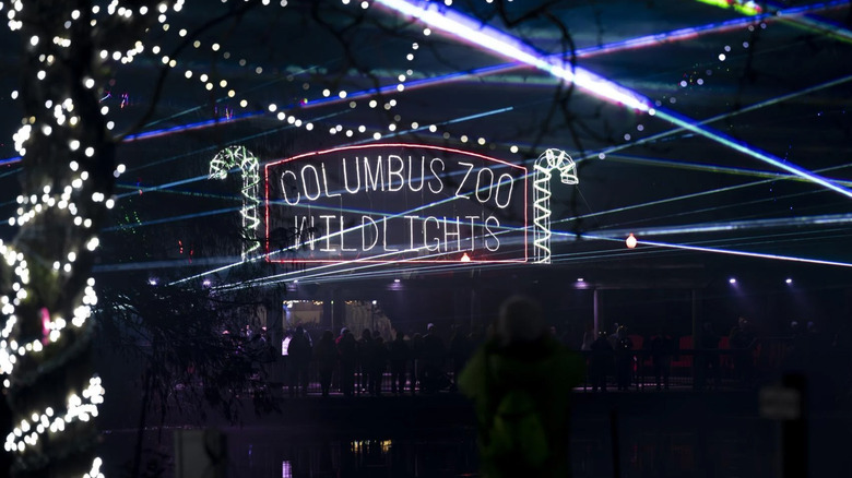 The front gate of the Columbus Zoo during Wildlights