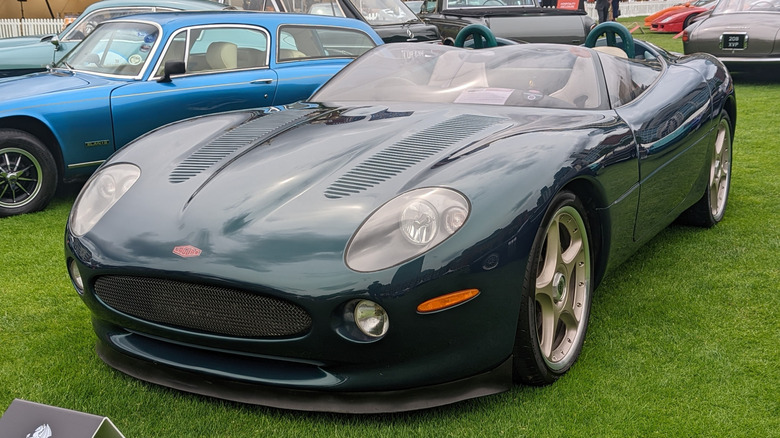 Jaguar XK180 on grass at a concours event.