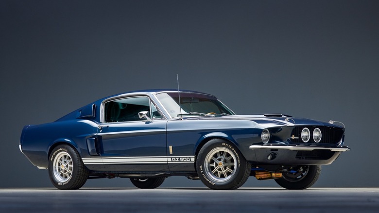a dark blue GT500 Ford Mustang