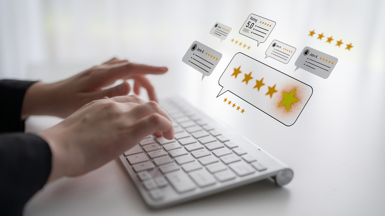 Holographic images of customer reviews and five star ratings