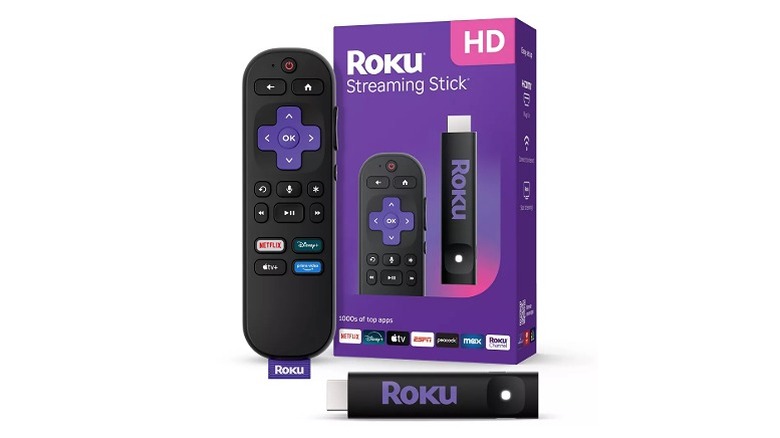Roku remote, streaming stick, and its box