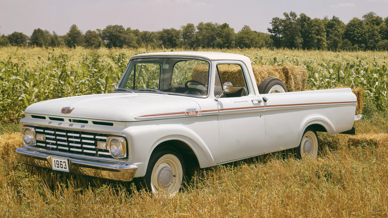 A classic 1963 Ford F-100 in white in a field.