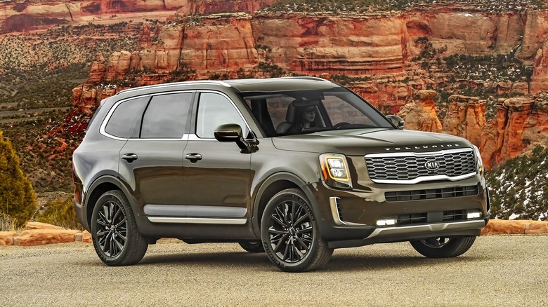A brown 2021 Kia Telluride parked on a road with red rock canyon cliffs in the background.