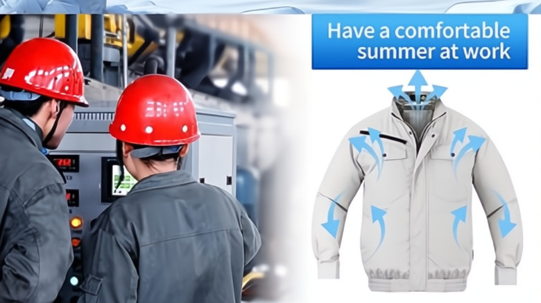 Two people working with jackets and a visual description of how the jacket works.