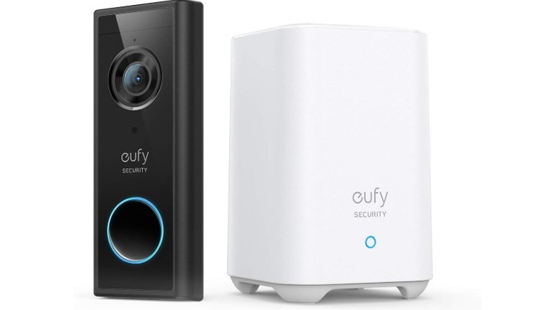 Eufy Video Doorbell S220 and receiver on white